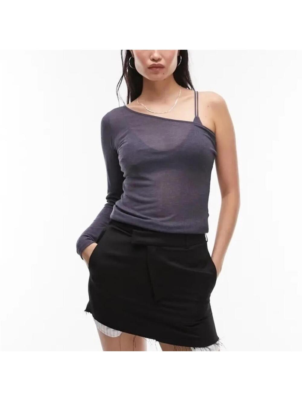 Topshop Semisheer One-Shoulder Top Gray NWT Small